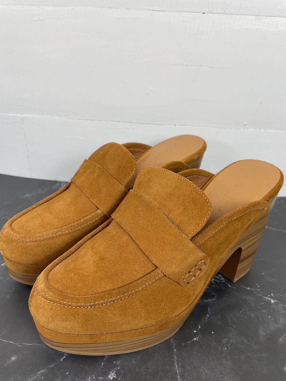Splendid Vina Tan Suede Platform Mule Clogs Wood Block Heel Loafer Size 9M EUC